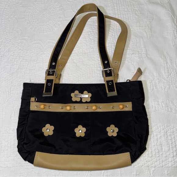 Y2K Black & Tan Nylon Shoulder Bag Purse Adjustable Straps 3D Floral Décor Wood - Picture 1 of 9